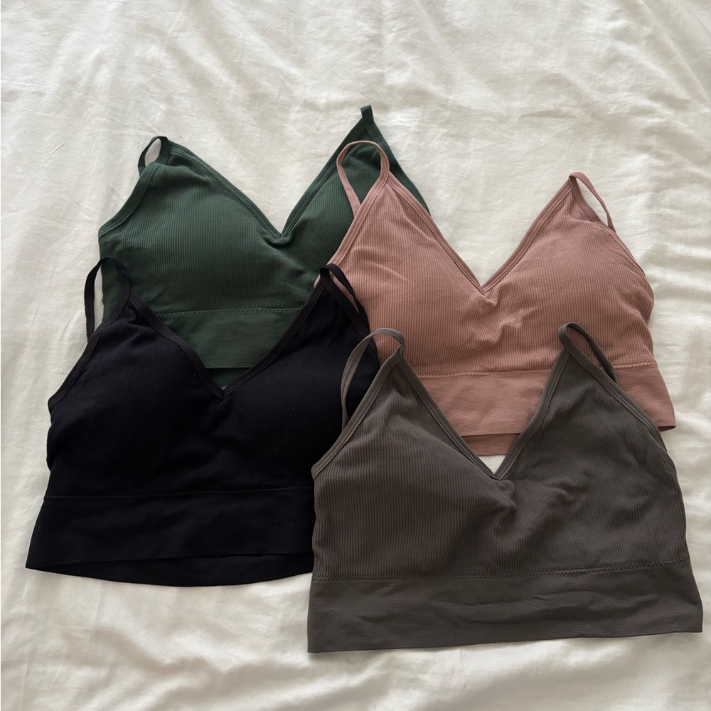 Set of Four Ribbed Bralettes in Green, Pink, Black, and Gray
